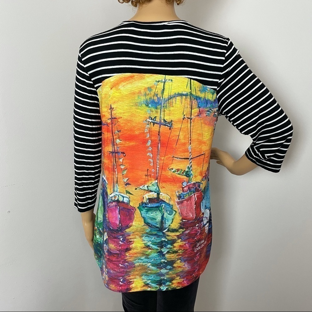 Leoma Lovegrove Women’s V-Neck Shirt – Stripes & Sailboat Design, Size Small